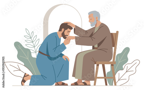 Two men kneeling and receiving a blessing from an elder figure, symbolizing honor, guidance, and spiritual tradition.