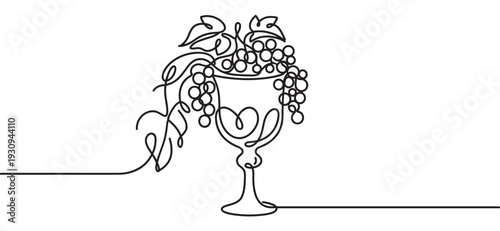 Elegant continuous line art drawing of a wine glass filled with fresh grapes and lush vine leaves, symbolizing harvest and winemaking.