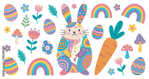 Colorful Easter bunny and spring elements collection for festive designs, featuring decorated eggs, rainbows, and whimsical flowers.