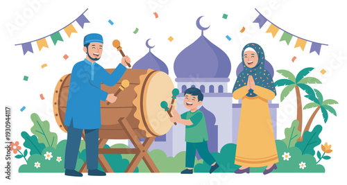 Happy Muslim family joyfully celebrates Eid with traditional drum music and festive greetings in a vibrant scene.