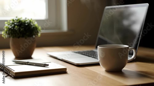 Laptop coffee mug plant notebook on wooden desk home office