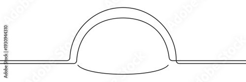 Abstract black line drawing illustrates a stylized archway or connection point, symbolizing passage and transition.