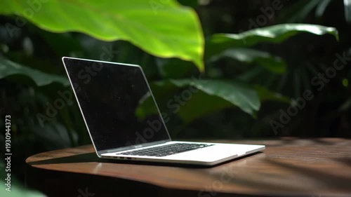 Laptop on wooden table in green natural environment