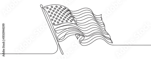 American flag continuous line drawing waving gracefully symbolizing freedom, patriotism, and national identity with elegant simplicity.