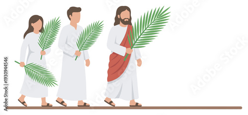 Religious leader and followers holding palm branches walking on a path, symbolizing a spiritual journey or sacred event.