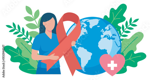 Woman holding red ribbon with globe and heart symbolizing global health awareness and support for medical causes.
