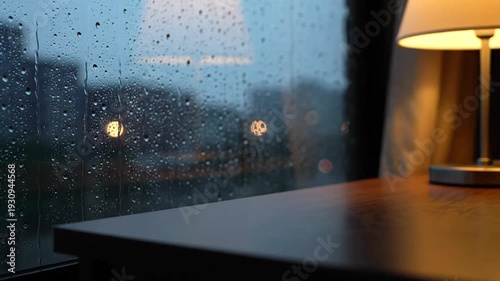 Rainy Window View City Lights Cozy Interior Warm Lamp