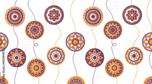 Colorful Indian decorative circles create a vibrant seamless pattern perfect for cultural celebrations and festive designs.