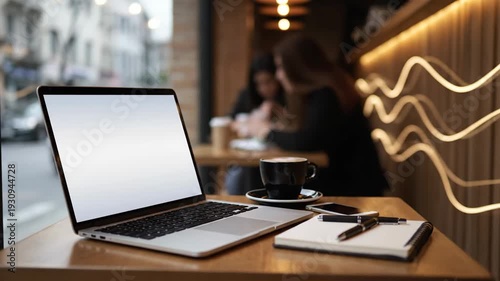 Laptop and coffee on cafe table remote work business technology