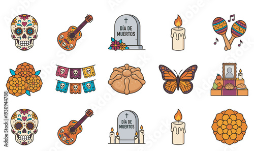 Vibrant Day of the Dead collection featuring traditional sugar skulls, marigolds, guitars, and festive offerings.