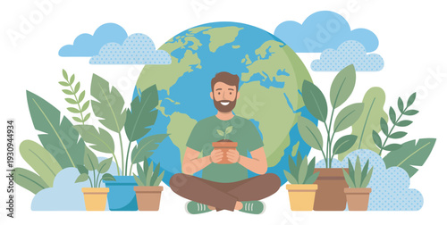 Bearded man holding small potted plant in front of a large globe, symbolizing environmental care and sustainable living.