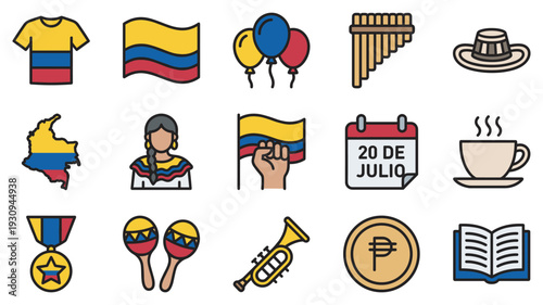Colombian culture icons and national symbols collection featuring traditional elements, music, and historical references in a flat design.