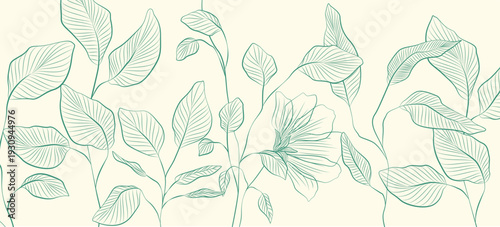 Art background with leaves on branches and a line-style flower in green tones. Botanical banner for decor, prints, textiles, wallpaper, and interior design.