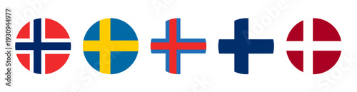 Scandinavian Official Flags Round Icons Set Finland, Denmark, Sweden, Norway, Iceland, Faroe Islands