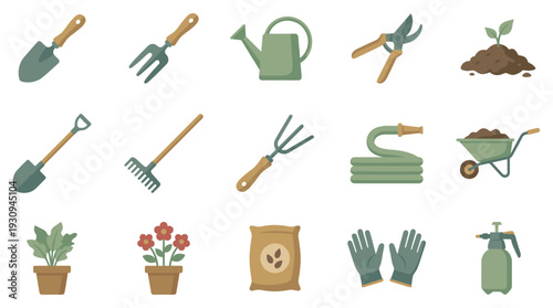 Gardening tools and supplies vector illustration set features various equipment for planting and growing plants and flowers.