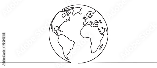 Earth globe world map continuous line drawing illustration depicting global connection and environmental awareness.