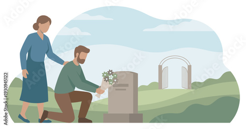 Man woman gravestone flowers symbolize remembrance and support during a moment of profound grief and loss in a peaceful cemetery.