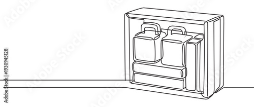 Neatly organized luggage items packed inside a travel bag for an efficient and space-saving journey, drawn in a continuous line art style.