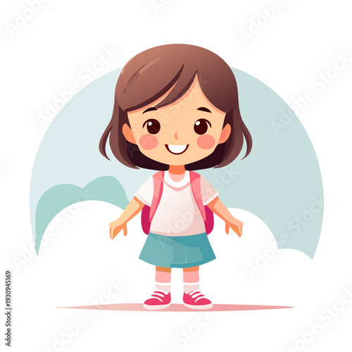 Cheerful Cartoon Girl Wearing Pink Backpack Standing With Arms Out in Front of White Background and Blue Semicircle
