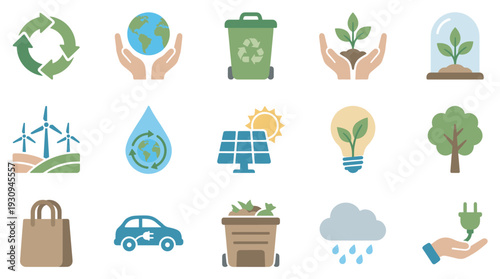 Environmental icons representing sustainability, renewable energy, and ecological conservation for a greener future.