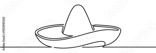 Traditional Mexican sombrero drawn in a continuous line style, representing culture, celebration, and festive events with a minimalist design.