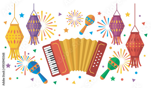 Colorful festive lanterns, accordion, and maracas create a vibrant musical celebration with fireworks and confetti.
