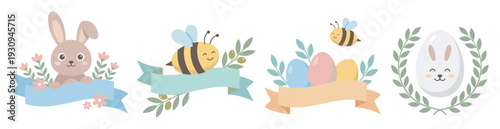 Cute spring Easter animal and egg illustrations with decorative banners and floral elements perfect for holiday designs.