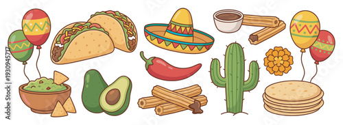 Traditional Mexican fiesta celebration elements including delicious tacos, spicy chili, fresh guacamole, festive balloons, and a classic sombrero.