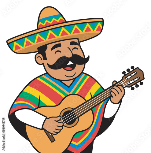 Mexican mariachi musician playing acoustic guitar with a cheerful expression while wearing a traditional sombrero and colorful poncho.