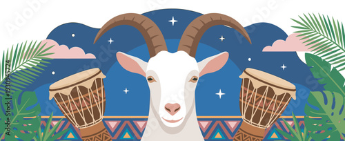 White goat with horns, a majestic animal, stands between two djembe drums, surrounded by lush tropical leaves and a starry night sky.