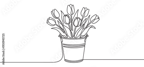 Tulips in a bucket continuous line drawing illustration capturing the elegant simplicity of spring flowers and natural beauty.