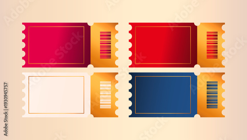 Set of colorful blank ticket stubs with barcodes designed for events, concerts, raffles, cinema entry passes, and promotional graphics.