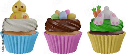 set of isolated easter cupcakes. 3d cupcakes with easter eggs, chick and rabbit 