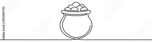 Pot of gold continuous line art drawing with shiny coins symbolizing wealth, luck, and prosperity for celebrations.