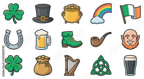 St. Patrick's Day icons and Irish cultural symbols collection features various traditional elements for celebration.
