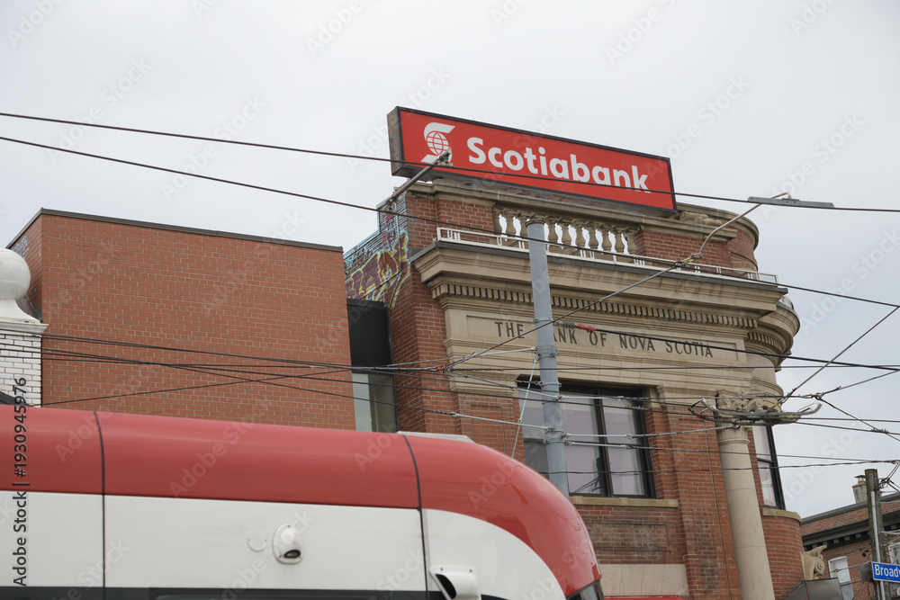 Fototapeta premium rooftop Scotiabank branch sign at 363 Broadview Av (northeast corner of Gerrard St E), Toronto