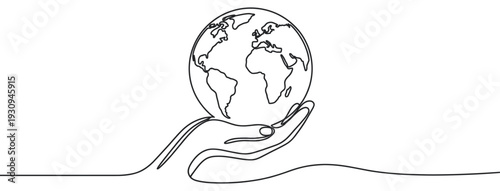 Continuous line drawing of hand holding Earth globe, representing global care, environmental protection, and sustainability.