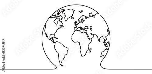 Earth globe world map outline illustration created with a single continuous line representing global connection, unity, and environmental awareness.