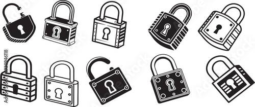 Lock icon collection. Locked and unlocked black line icon set