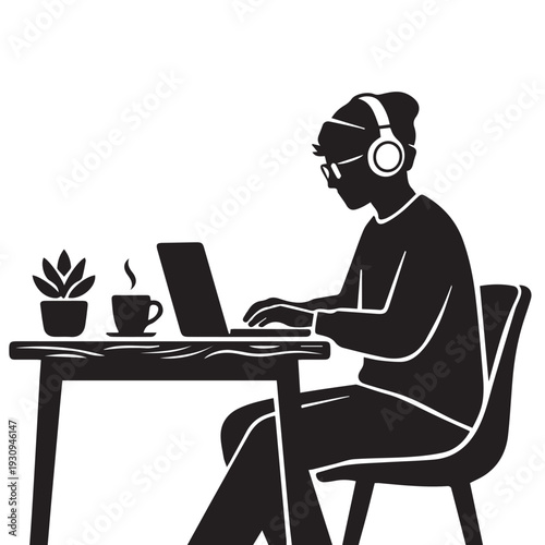 Person working comfortably on laptop at desk with coffee and plant, wearing headphones, modern silhouette vector