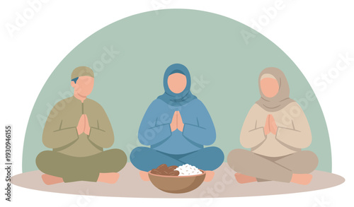 Three Muslim individuals sitting together to share a traditional meal, symbolizing community, peace, and spiritual observance.