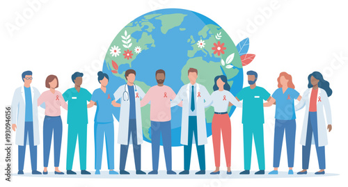Healthcare professionals from around the world stand united, wearing red ribbons to symbolize global health awareness and support for various causes.