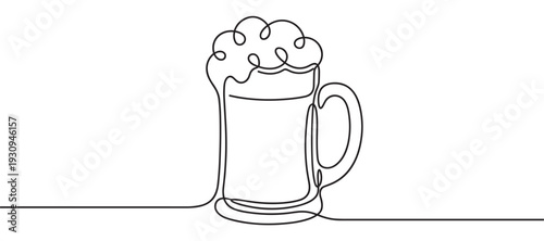Beer mug with frothy head is drawn in a minimalist continuous line art style, perfect for a modern design concept.