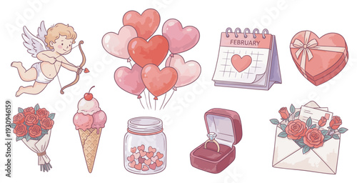 Valentine's Day themed collection of cute love illustrations featuring cupid, balloons, and gifts perfect for romantic celebrations.