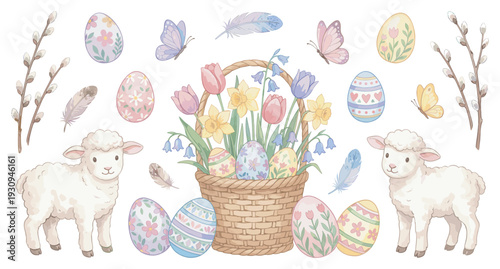 Cute Easter lambs, eggs, and flowers create a delightful spring celebration design with butterflies and pussy willow branches.