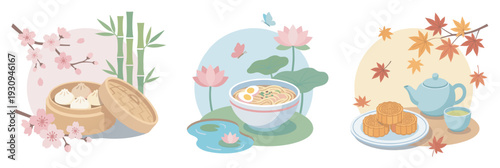 East Asian cultural elements and traditional foods representing the changing seasons, showcasing spring dumplings, summer ramen, and autumn mooncakes.