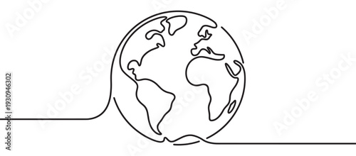 Earth globe continuous line drawing illustration depicting global connection, unity, and environmental awareness for a sustainable future.