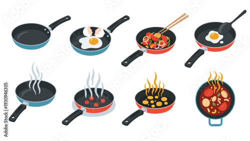 Sequence of eight frying pans demonstrating various stages of cooking different dishes like eggs, vegetables, and hot soup.