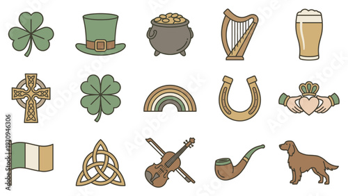Various Irish cultural symbols and St. Patrick's Day icons are beautifully arranged in a delightful graphic collection.