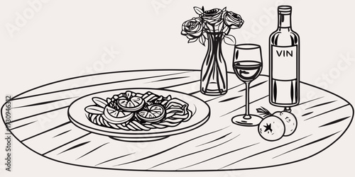 A still life drawing featuring wine roses and a plate of fruit